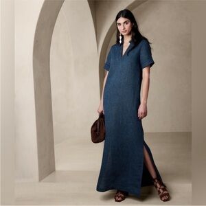 NWT Banana Republic Cruz Linen Maxi Shirtdress Navy Indigo